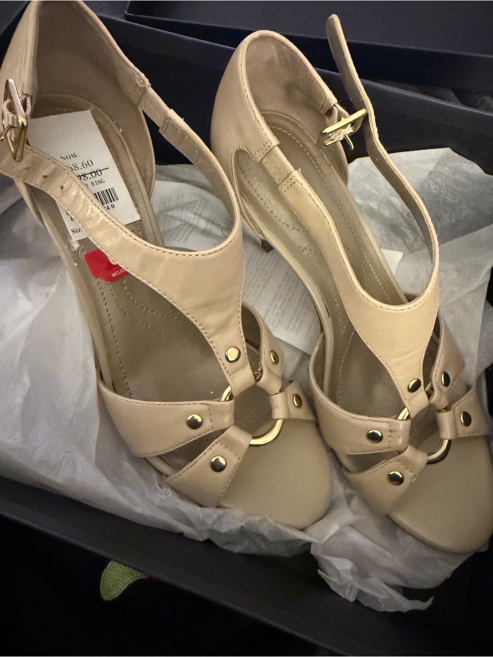 Tahari Beige T-Strap Heeled Sandals with Gold Accents